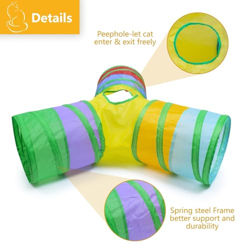 3 Way Cat Tunnel Collapsible Fun Pet Play Tube Toys for Cats, Kittens, Puppies & Rabbits - Portable Tunnel with Hanging Ball for Indoor Play, Hideout & Exercise - color: Muticolor