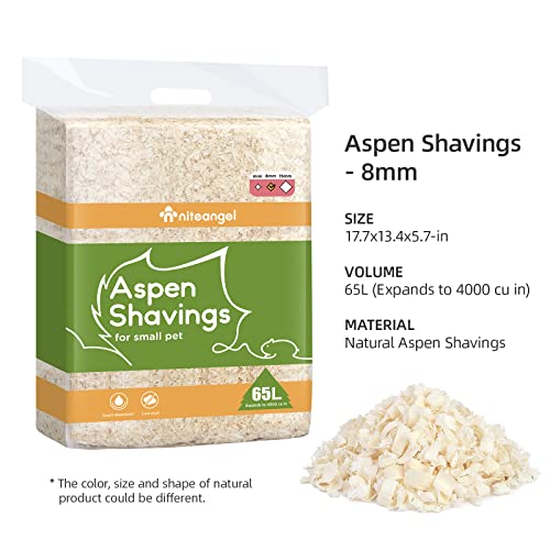 Niteangel 65L Aspen Shaving Hamster Beddings for Syrian Dwarf Hamster Gerbil Mice Degu Rat Rabbit Bunny Guinea Pig Chinchilla Hedgehog or Other Small Pets (65L - 15mm) | Respiratory-Friendly & Encourage Digging Instinct - DIY Tunnel System for Syrian Dwar