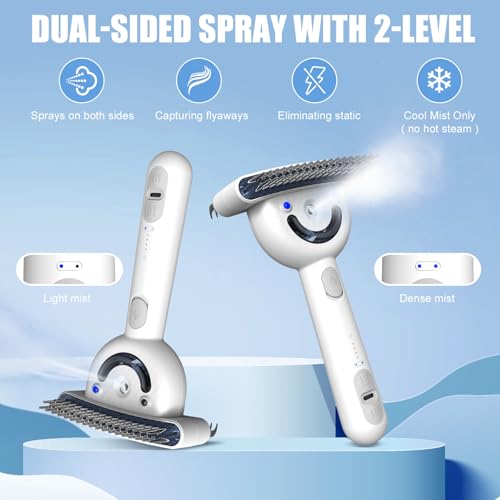 Double-Sided Pet Deshedding Dematting Comb, Steam Brush with 2 Spray Levels | Extra-Wide Detangling Undercoat Rake for Long-Hair Dogs & Cats Matted Fur, Knots, Rechargeable Grooming & Massage Tool - color: White with Double-Sided