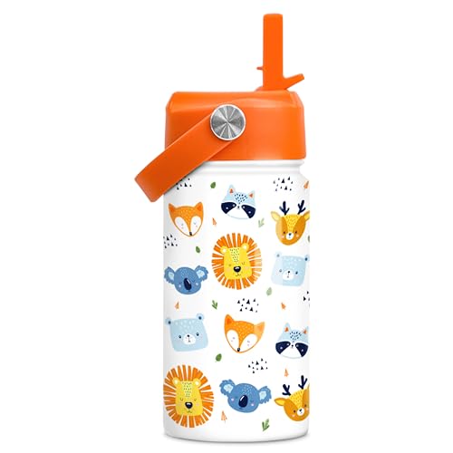 SANDJEST Kids Water Bottle with Straw Lid - 12 Oz Insulated Stainless Steel Animal Water Bottles for Kid Boys Girls - Travel Cup for School Sports - color: Animal 1