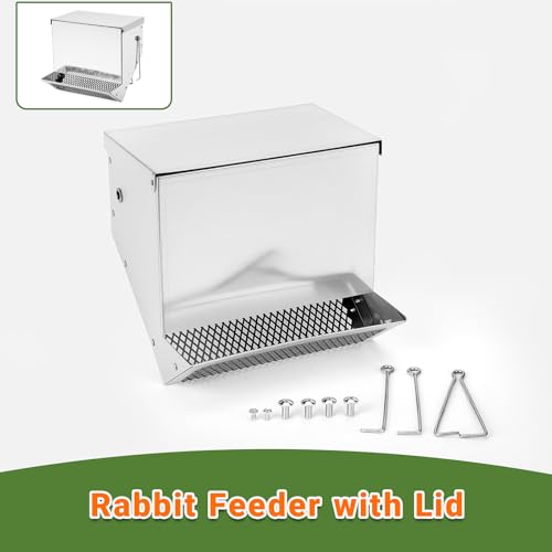 Rabbit Feeders for Cages,3.5 Pound Metal Trough Feeder with Water Bottle | Galvanized Steel Outdoor Bunny Food Dispenser Automatic for Rabbits Chicken Guinea Pig Pet and Other Small Animals Silver