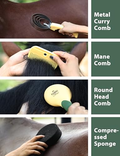 Horse Grooming Kit, 9 Piece Grooming Brush Set with Silicone Curry Comb for Bathing & Shedding Pasture Glow - color: Pasture Glow