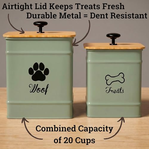 Dog Treat Container Set of 2 with Airtight Bamboo Lids - 8x6 & 7x5 inch | Fits All Popular Treats, Up to 20 Cups Combined Capacity, Airtight Bamboo Lid, Easy Open Lid, Dent-Resistant Durable Metal - color: Sage Green - Large