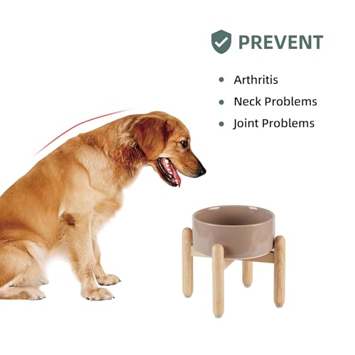 Havniva Elevated Dog Bowls Ceramic Dog Bowls with Stand, Dog Food Bowl | 7.3” Raised Dog Bowls with Non-Slip Wood Stand, Dog Food and Water Bowl Set, Dog Feeding Bowls for Medium Dogs - color: Bowl+Stand - Brown Coffee, size: 7.3inch