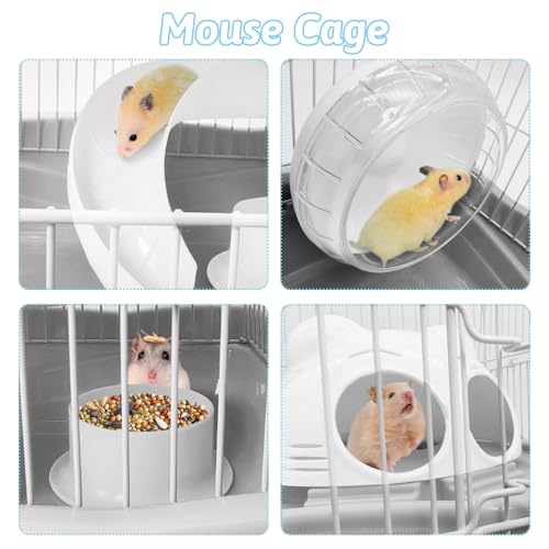 PINVNBY Dwarf Hamster Cage, Small Animal Cages, 2-Tier Travel Portable Mouse Cage Hamster Carrier with Castle House Running Exercise Wheels, Water Bottle and Food Dish（Gray） - color: Gray, size: L: 13.78x10.23x11.02in