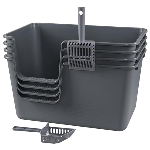 Set of 4 Open Top High Sided Cat Litter Pan, Large Cat Litter Box | Easy Entry, Tall Walls Help Reduce Scatter, Durable Plastic, Ideal for Big Cats and Multi-Cat Homes, with Scoops, Grey