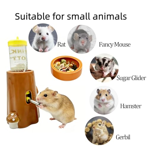 Hamster Water Bottle Adjustable Ceramic Hamster Water Dispenser No Drip Feeder with Food Bowl for Mice Rats Hedgehog Chinchilla Gerbil - color: orange