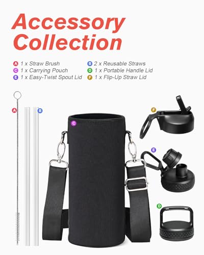 Coolflask 40 oz Water Bottle Insulated with Straw & 3 Leakproof Lids | Water Flask Stainless Steel Triple-Wall Vacuum,Cold 48+h,Dishwasher Safe,Wide Mouth, BPA-Free,Carrier Bag,for Gym,Hiking - color: Magic Black, size: 40 Ounces