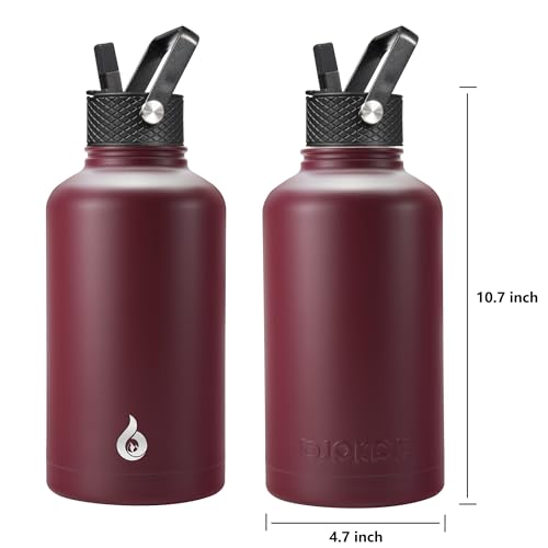 BJPKPK 64oz Insulated Water Bottle, Half Gallon Water Jug with Straw Lid | Large Stainless Steel Vacuum Jug, Keep Cold & Hot, BPA-Free Leak-Proof with 3 Lids, Paracord Handle, for Sports Hiking Travel - color: Brick Red, size: 64 Ounces