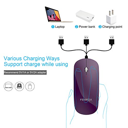 FENIFOX Bluetooth Mouse Slim, Whisper-Quiet Mini Flat Portable Mobile Mice Rechargeable Compatible with Laptop,PC,Android Windows Tablet - Deep Purple | Flat, Portable, Whisper Quiet, 3 Buttons Design , 2400 DPI Precision for iPad Laptop MacBook Tablet iP