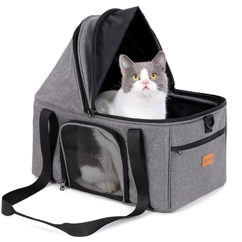 Top-Expandable Cat Carrier with Semi-Open Canopy, Up to 15 lbs | Soft Sided Cat Bag Carrier for Medium Large Pet, Upgraded Small Dog Car Seat, Puppy Travel Bag for Trip Features Safety Leash - size: Medium