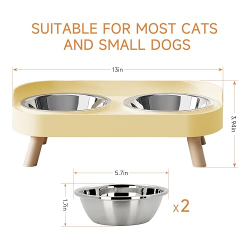 Elevated Cat Bowl, Raised Cat Food and Water Bowl Set for Indoor Cats, Splash Proof with 2 Stainless Steel Pet Food Bowls for Cats and Puppies, Whisker Fatigue and Dishwasher Safe - Yellow - color: Cat Bowls-Yellow