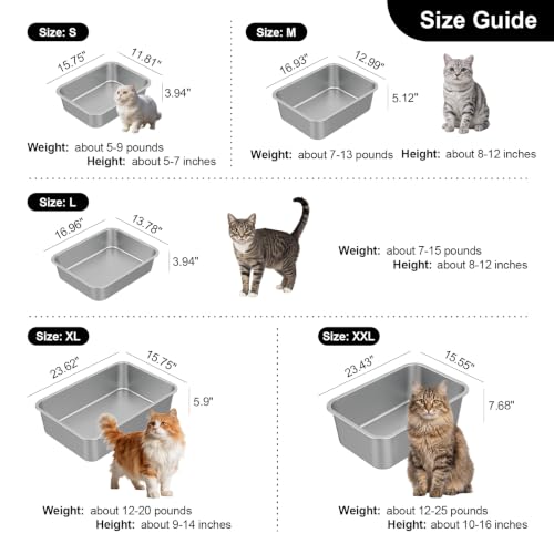 XX-Large High Sided Stainless Steel Cat Litter Box | Sturdy Metal, Odor-free, Cat Litter Non-stick and Easy to Clean, Ideal for Indoor Cats, Kittens and Multicat Houses - size: 23.43"L x 15.55"W x 7.68"H