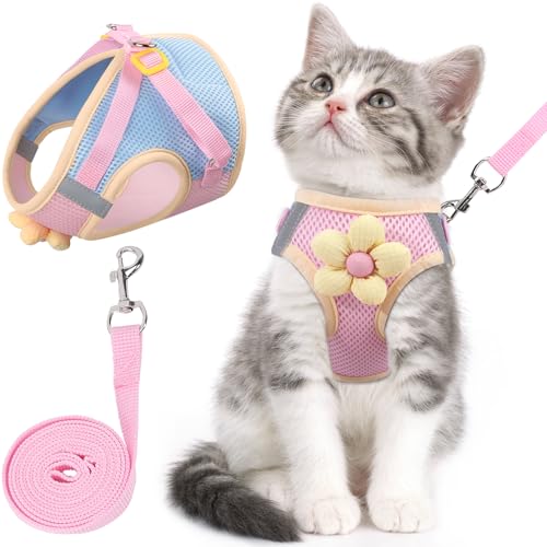 Cat Harness and Leash Set, Escape Proof Soft Vest Walk Pink XS | Adjustable, Easy Wear, Breathable Comfy Mesh, Reflective Strips, Sturdy Clip Buckle Flower Harness for Cats Kitty Puppy Bunny - color: Sakura pink, size: Extra Small