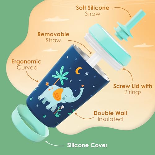 SANDJEST Kid Insulated Stainless Steel Tumbler with Silicone Straw, 12oz Sippy Cup for Kids (Dreamy Elephant) - color: Elephant 1