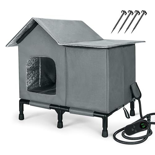 PatiencET Heated Cat House for Outside, Foldable Weatherproof Insulated Outdoor Cat House, Adjustable Temperature, Elevated Base with Ground Stakes, for Indoor/Outdoor Cats - size: Winter Large
