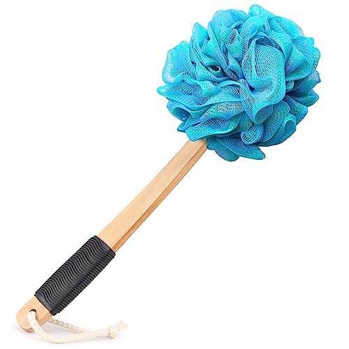 FORENEE Blue and Green Loofah on a Stick, PE Mesh Back Scrubber | Soft PE mesh for rich lather and gentle cleansing; water-resistant coated wood handle, non-slip rubber grip and hanging loop - style: Green Blue