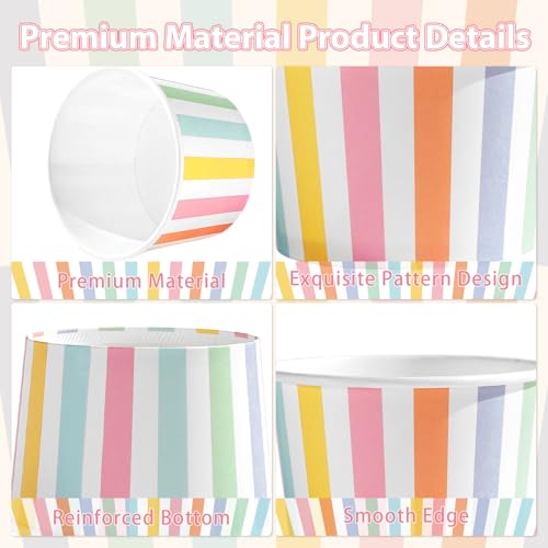 120 Pcs Striped Ice Cream Cups 12 oz Disposable Colorful Rainbow Stripe Paper Dessert Snack Bowl Pastel Food Yogurt Cup Container for Carnival Birthday Baby Shower Summer Party Supplies - style: Colorful Stripe Dessert Cup