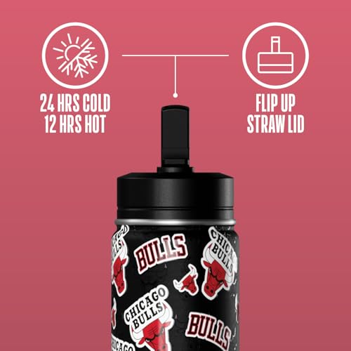 Hydrapeak NBA Officially Licensed Chicago Bulls Mini 14oz Kids Stainless Steel Water Bottle with Straw Lid & Flexible Handle, Double Wall Insulated, Spill Proof, Perfect for Back to School - color: Chicago Bulls