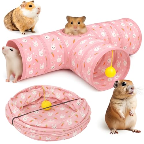 Tunnels with 3-Way Entrance - Cozy, Washable Guinea Pig Hideout - Interactive Cage Toys (Pink Bunnies) - color: Pink Bunnies