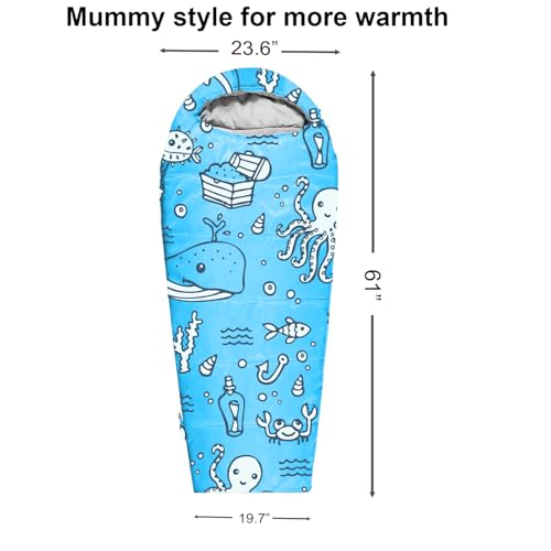 KidzAdventure Mummy Style 32 – 59F Kids Sleeping Bag with Pillow Sleeve, 4 Season, Lightweight and Backpacking Style, Ideal for Camping, Sleepover, Boys, Girls, and Youth - color: Aqua kids up to 4\'3"
