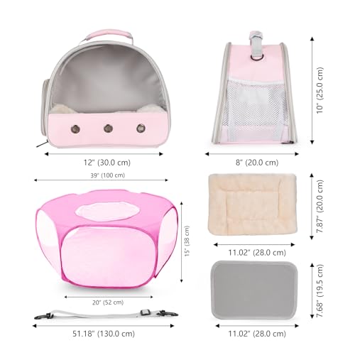 2-Pack Guinea Pig Carrier Backpack and Playpen with Lid, Breathable Pet Playpen Pop Open Exercise Fence, Portable Small Animal Cage for Rabbits, Chinchillas, Squirrel, Lizard, Sugar Glider - color: Pink