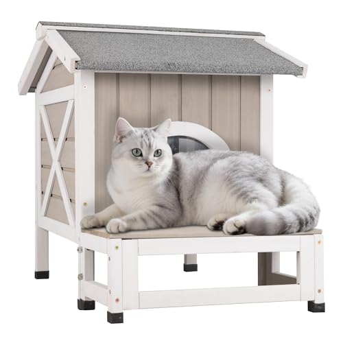 Insulated Outdoor Cat House Weatherproof Feral Cat Shelter for Winter Outside Cat Houses for 1-2 Cats Indoor Pets Condo with Waterproof Roof & Escape Door, 6.3" Raised Base & Balcony - style: 30"L Insulated Small Cathouse