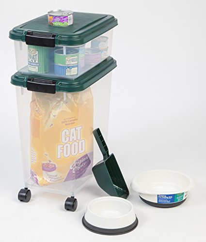 IRIS USA Airtight Pet Food Container, Up to 30 lbs & 11 lbs, Green | Airtight Seal, BPA-Free, 2-Cup Scoop, Stackable Design, Rolling Wheels, Dual Storage - size: 30 lbs, 11 lbs