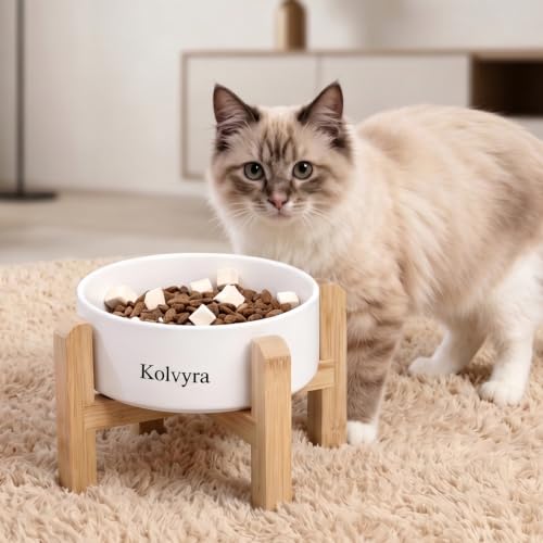 5'' Adjustable Elevated Ceramic Cat Bowl | Premium Food-safe Ceramic with Anti-slip Wood Stand,Dishwasher Safe,Ergonomic Height Relieves Neck Strain,White - color: White, size: 5 in
