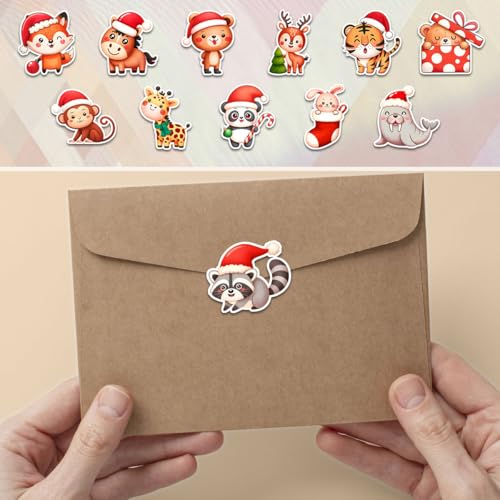 12 Pcs Cute Christmas Animal Stickers, Holiday Decals Featuring Bear, Panda, Fox, Tiger, Giraffe, Deer, Monkey, Bunny in Santa Hats, Festive Stickers for Kids, Gifts, Laptop, Bottle, Notebook 5 Inches - color: Animal, size: 5 Inches
