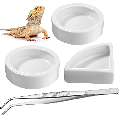 Boao 4 Pcs Reptile Food Water Bowl Set, 2 Round Reptile Food Dish 1 Corner Water Dish and 1 Feeding Tongs for Bearded Dragon Leopard Gecko Hermit Crab Chameleon Lizard Tortoise Spider Pet