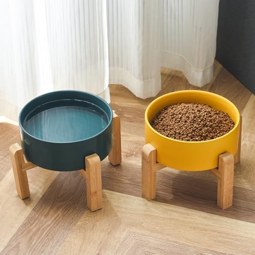 6'' Ceramic Raised Dog Bowl - 30Oz Dog Food & Water Bowl with Elevated Non-Slip Bamboo Stand, Dishwasher & Microwave Safe, Anti Vomiting Heavy Duty Pet Bowl for Small and Medium Dogs, Green - color: 1 x Bowl + Stand - Green, size: 6 inch