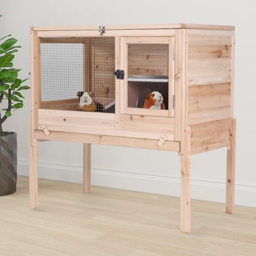 Aivituvin 2-Story Indoor Rabbit Hutch Guinea Pig Cage with Stand, Wooden Bunny Cage Small Animal Cages with Chew-Proof Ramp, Pull-Out Tray & Leakproof PVC Layer (Natural Wood) - color: (Natural Wood)