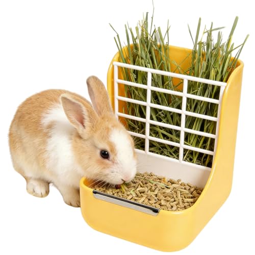 Rabbit Hay Feeder Guinea Pig Feeder, 2 in 1 Automatic Small Animal Food Bowl Feeding Cage Accessories 5.91''L x 6.69''W x 7.09''H (Yellow) - color: Yellow
