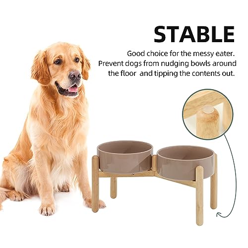 Havniva Elevated Dog Bowls Ceramic Dog Bowls with Stand, Dog Food Bowl | 8.3” Raised Dog Bowls with Non-Slip Wood Stand, Dog Food and Water Bowl Set, Double Dog Feeding Bowls for Large Dogs - color: 2 Bowls+Stand - Brown Coffee, size: 8.3inch