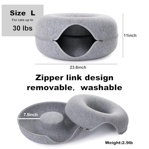 Large Cat Tunnel Bed for Indoor Cats with 3 Toys, Scratch Resistant Donut Cat Bed, Up to 30 Lbs (L 24x24x11, Light Grey) - color: Light Grey