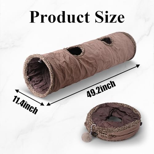 50"x 12" Collasiple Cat Play Tunnel, Interactive Cat Tubes and Tunnels for Indoor Play, Foldable Hide and Seek Toy for Cats, Rabbits, and Small Pets, Soft Brown Suede Pet Tunnel