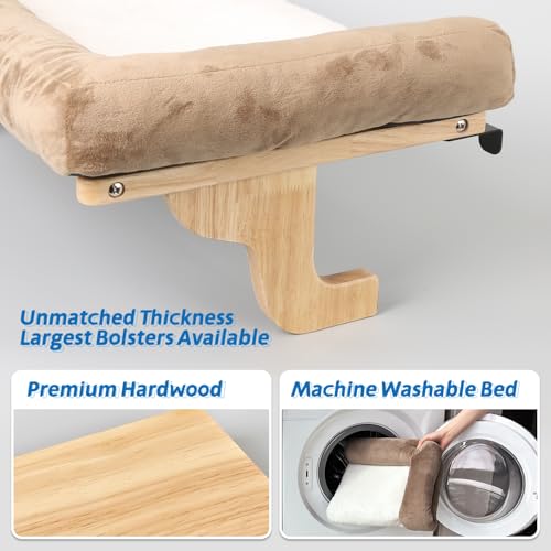 Zakkart Cat Perch for Window Sill with Bolster - Orthopedic Hammock Design with Premium Hardwood & Robust Metal Frame - Cat Window Seat for Large Cats - Natural Color Wood Brown Bed, 26.4''W - color: Natural Color Wood with Brown Bed, size: 26.4''L x 15''