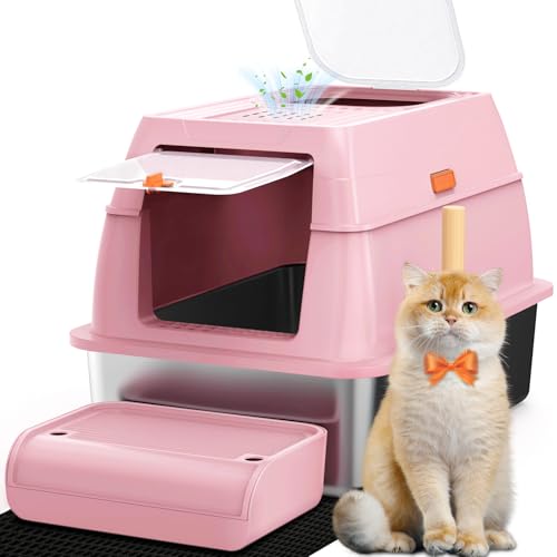 SZEE XL Stainless Steel Litter Box with Lid, Extra Large Metal Covered Litter Box, Stainless Box Easy Clean, Activated Charcoal Odor Control Design, Includes Litter Scoop & Mat & Step, Pink - color: Pink