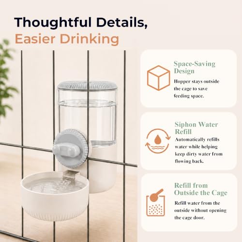 34 oz Hanging Water Dispenser for Small Animals, Guinea Pigs & Rabbits | Secure Mount | Adjustable Height | One-Way Flow | Outside Refill | Easy Cleaning - color: Gray