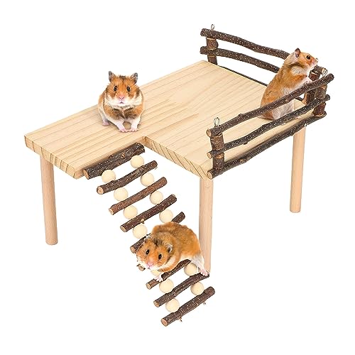 Estink Small Animal Wooden Climbing Platform Set with Ladder and Fence | Natural Log Hideout, 11.8 Inch Wide Platform, Climbable Ramp for Dwarf Hamster Gerbil Mouse, Rustic Cage Decor Playgroun
