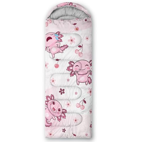 QOOMO Axolotl Cute Camping Sleeping Bags,3 Season Warm & Cool Weather,Lightweight,Waterproof Sleeping Bags for Adults & Kids,Traveling,and Outdoors - color: Axolotl Cherry C9