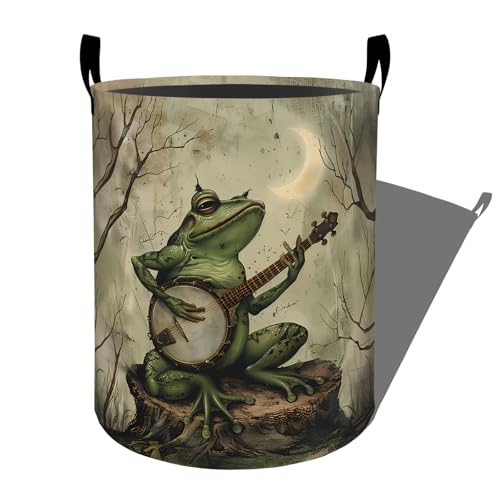 Frog Playing Banjo under Crescent Moon Laundry Basket, Dorm Nursery Foldable Laundry Hamper Organizer for Bathroom Decor, Toy Clothes Storage Box for Bedroom 19.7x15.7 Inch - style: Frog19