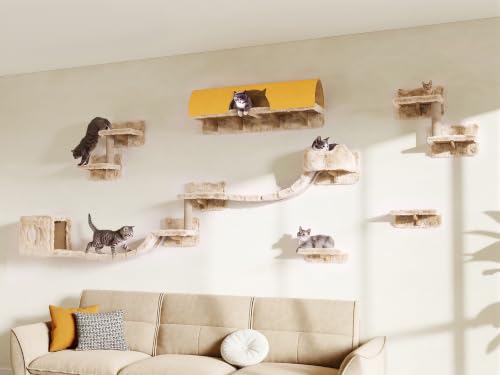 16-in-1 Cat Wall Shelves, Cat Furniture w/Tunnel & Bridge, Beige | Wall Mounted Cats Shelf Set with Plush Fabric, Cat Climbing Wall Systems for 16 Inch Drywall, with Scratching Posts, Condos - color: Beige, size: 16-in-1