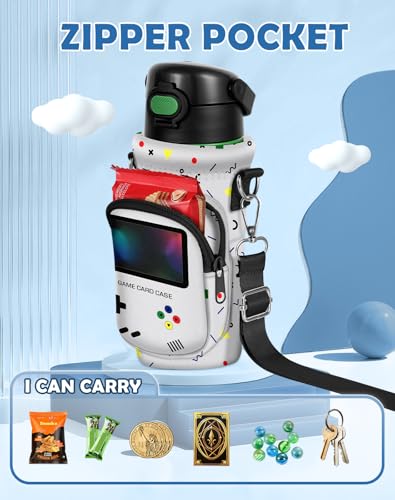Water Bottle Carrier with Strap for Kids, 14-20 oz | Insulated, Neoprene Water Bottle Holder Bag with Pocket, Cute Cartoon, Bottle Bag for boys and girls, Walking Hiking Camping - color: Retor Game