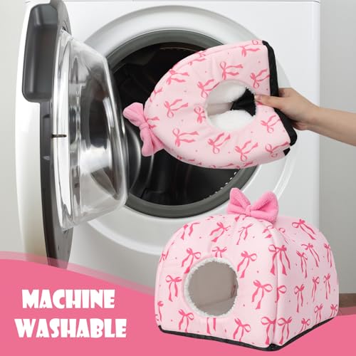 JarThenaAMCS Washable Guinea Pig House Bed Pink Bow Bunny Hideout Cage Accessories Reusable Hideaway for Ferret Hedgehog Small Animal, 9.5 x 9.5 x 8 Inch
