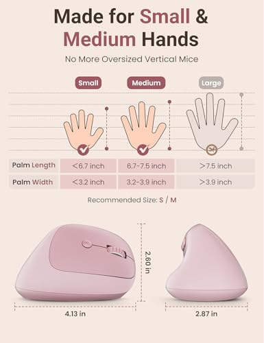 Ergonomic Vertical Wireless Mouse, 57°, Small/Medium Hands, Pink | Rechargeable, Quiet Click, 800/1200/1600 DPI, 2.4GHz USB Receiver, Forward/Back Buttons, Computer Mouse for Laptop PC Mac - color: Pink