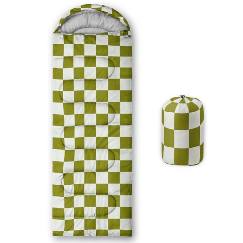 Sleeping Bags for Adults and Kids Backpacking Camping Sleeping Bags for Girls and Boys Lightweight Waterproof Cold/Warm Sleeping Bag for All Season - color: Green and White Check