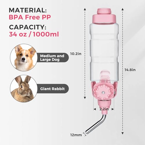 Vannon Dog Crate Water Bottle, 34oz Top-Fill Pet Water Dispenser, Pink | kennel water bottle helps keep pets hydrated longer with fewer refills and easy daily care. - color: Pink, size: 34oz