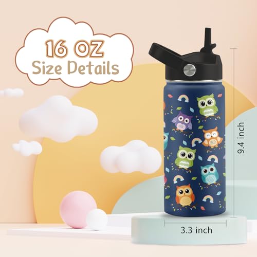 Owl Gifts, 16 oz Water Bottle with Straw Lid, Owl Water Bottle | Stainless Steel Insulated Tumbler, Cute Animals Cups Gifts for Birthday Christmas - color: Owl